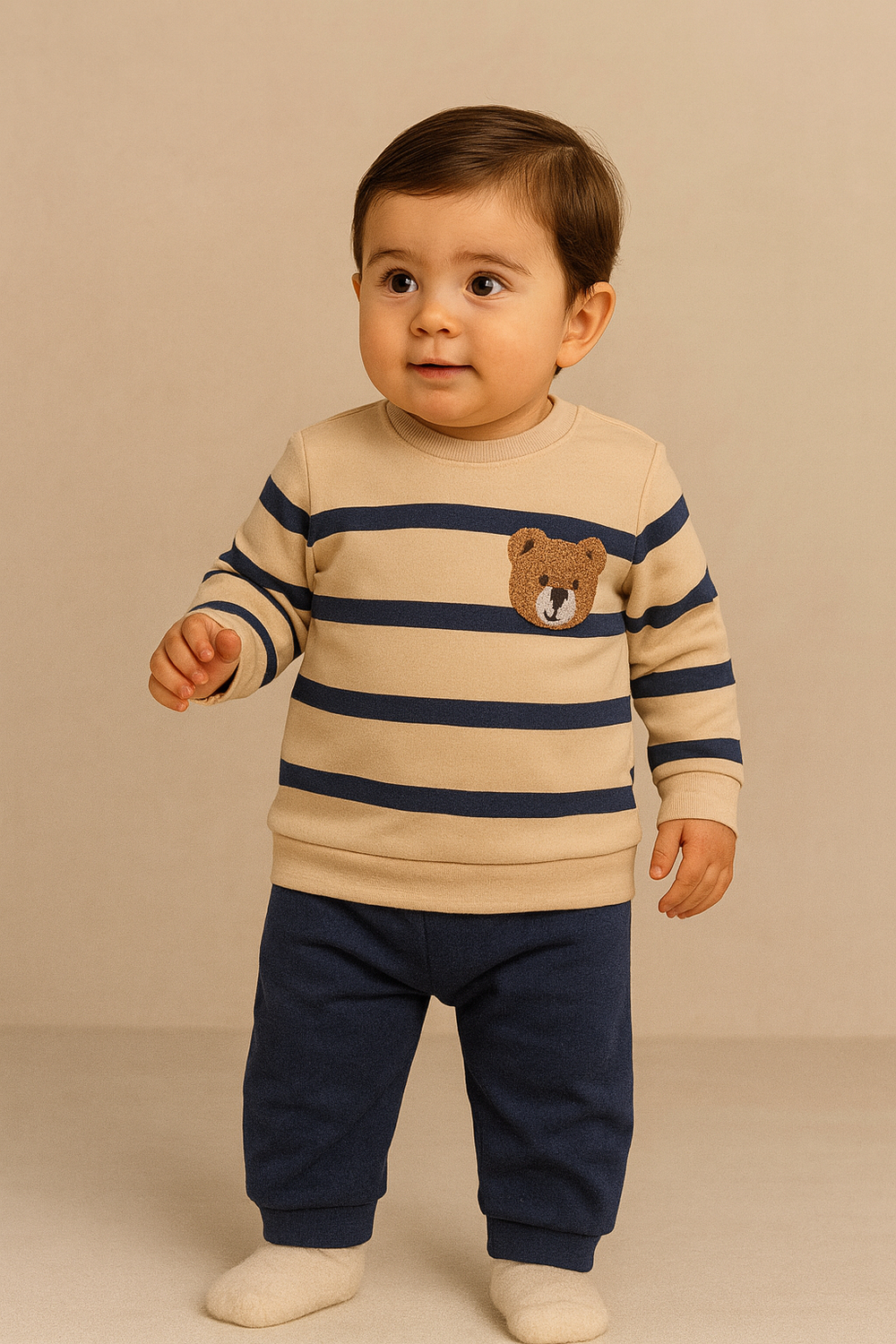 22512G1012 ÇİZGİLİ TEDDY BEBEK TULUM Lacivert