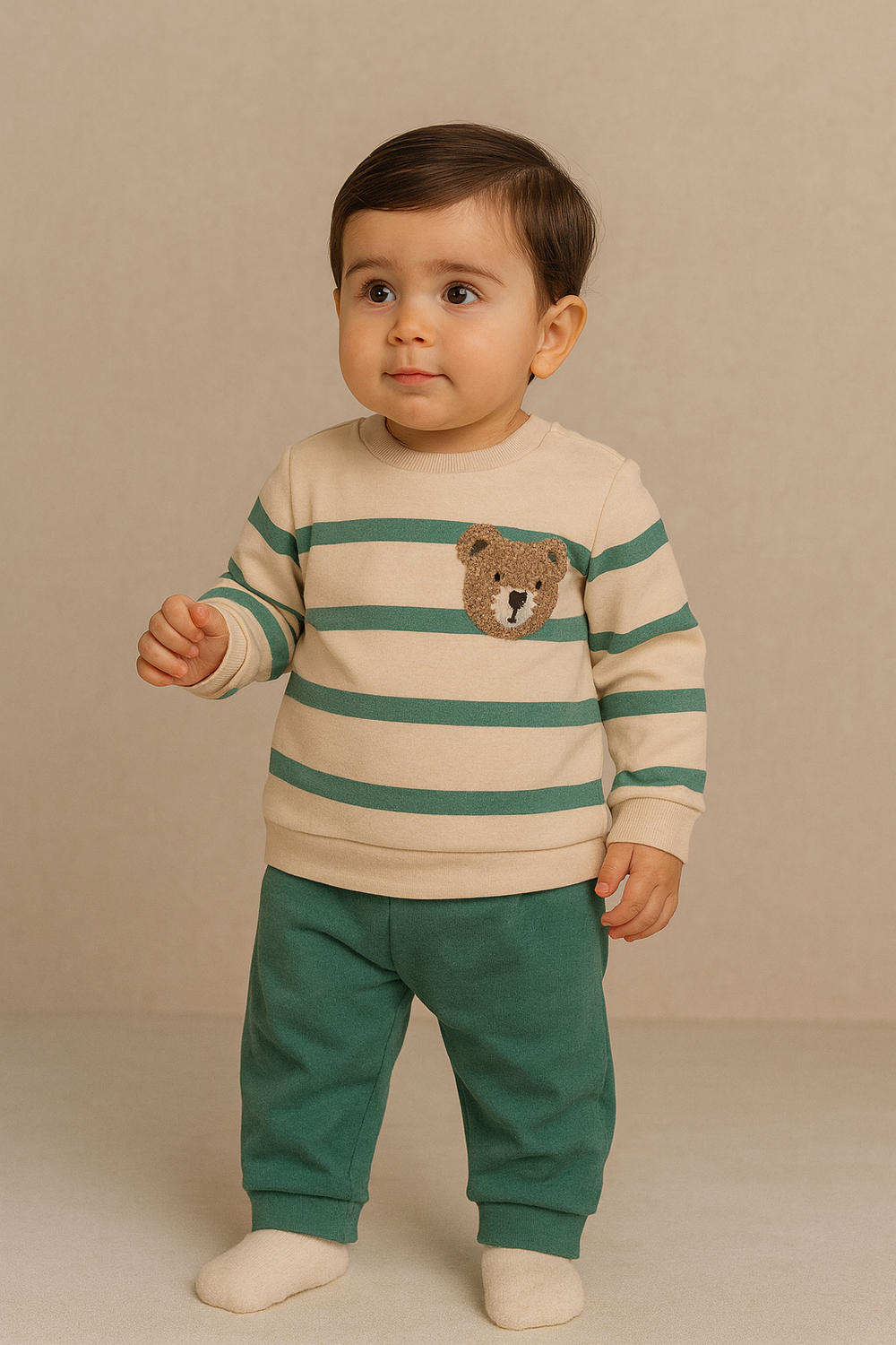 22512G1012 ÇİZGİLİ TEDDY BEBEK TULUM Yeşil