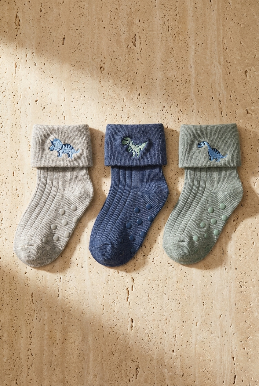3Pck Dınosaur Patterned Baby Socket Socks Patterned