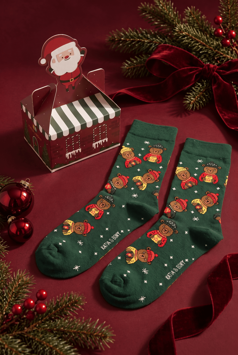 Unisex Noel Baba Kutulu Pamuklu Yeşil Yılbaşı Soket Çorabı