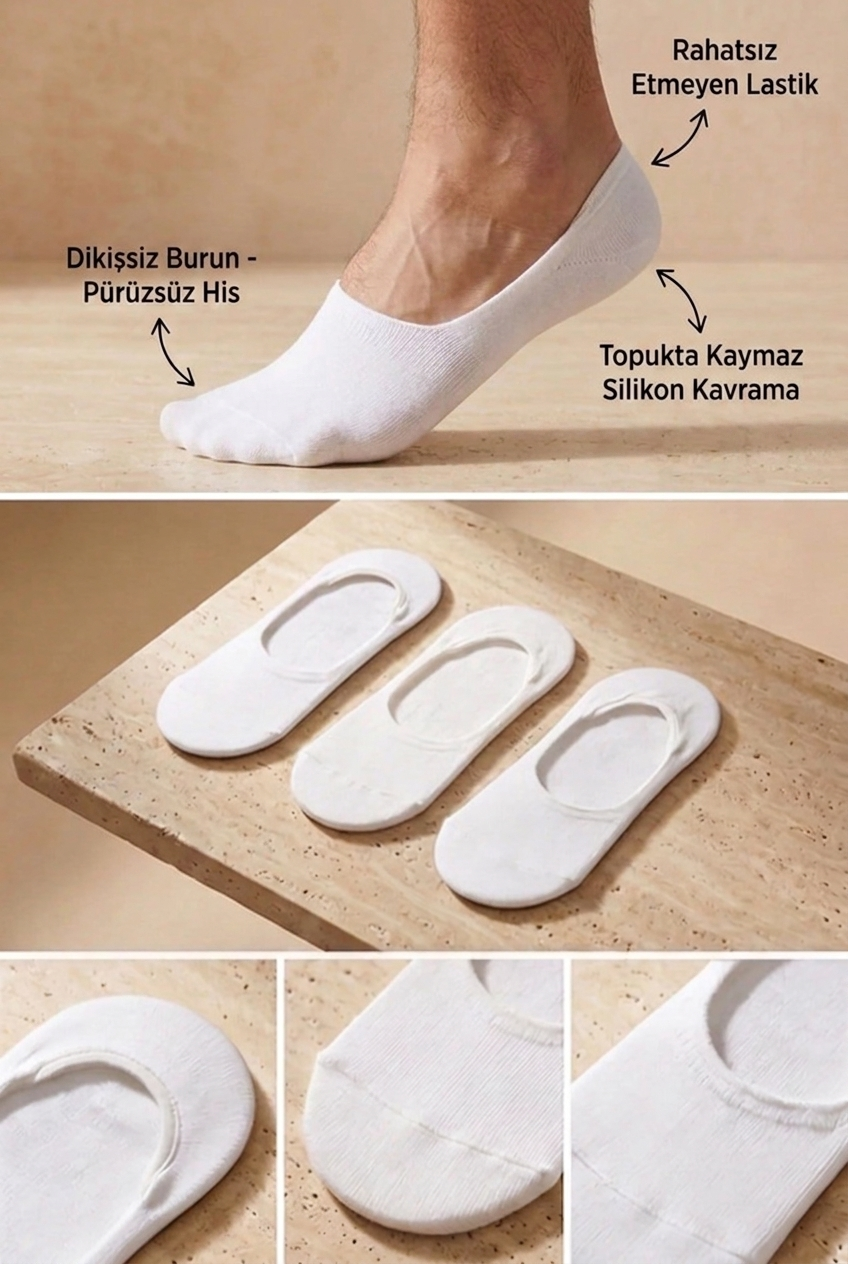 3lü Paket Basic Erkek Görünmez Çorap Beyaz/Beyaz/Beyaz