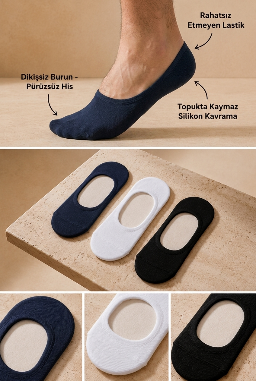 3lü Paket Basic Erkek Görünmez Çorap Beyaz/Lacivert/Siyah