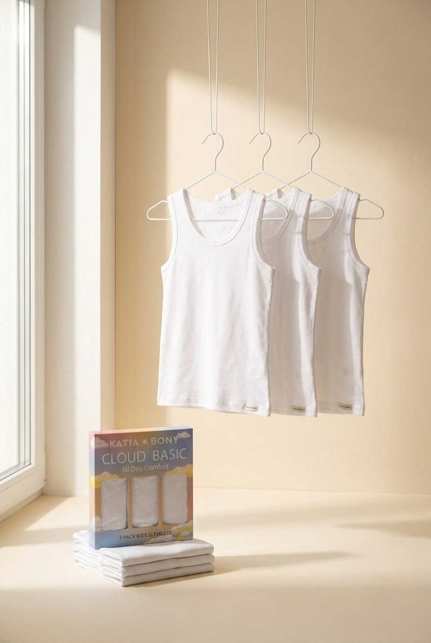 3lü Paket Basic Kutulu Çocuk Atlet Beyaz
