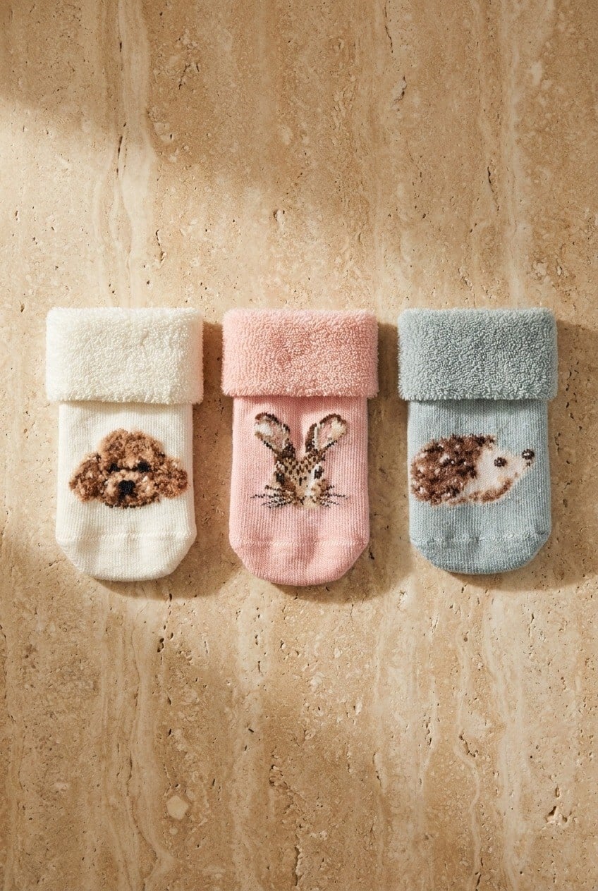 3Pck Anımal Pattern Towel Baby Socks Socks Patterned