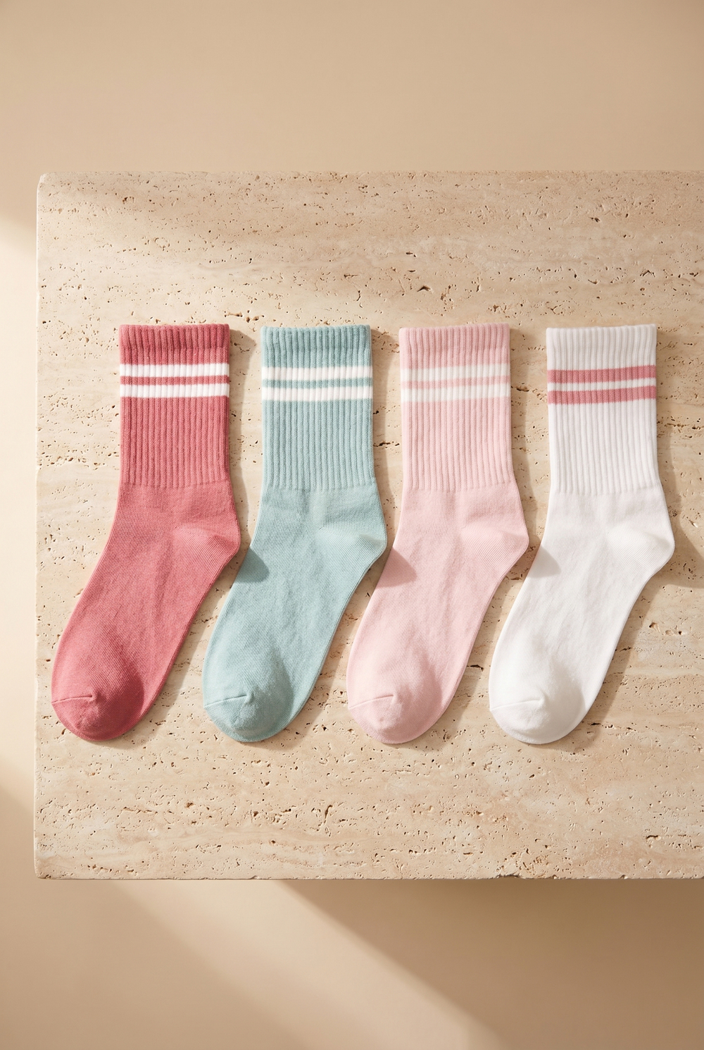 4lü Paket Şeritli Kadın Spor Soket Çorap Pembe Desenli