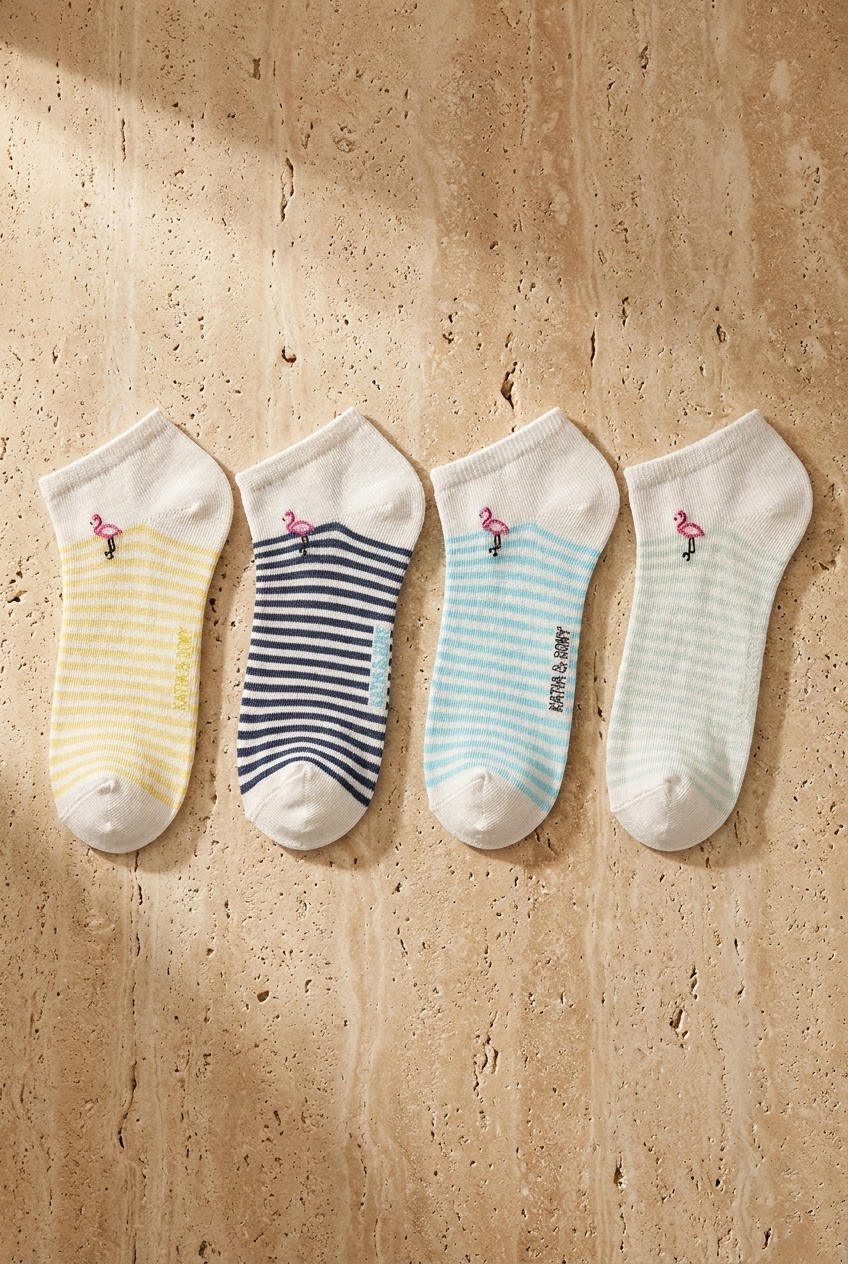 Pack Of 4 Girls Striped Flamingo Patterned Booties Socks