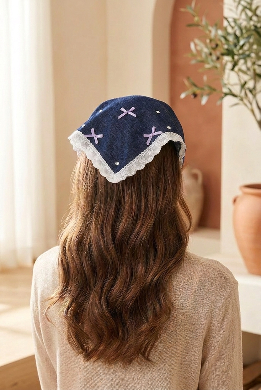Bandana Formunda Fiyonklu Taşlı Taç Koyu Mavi 