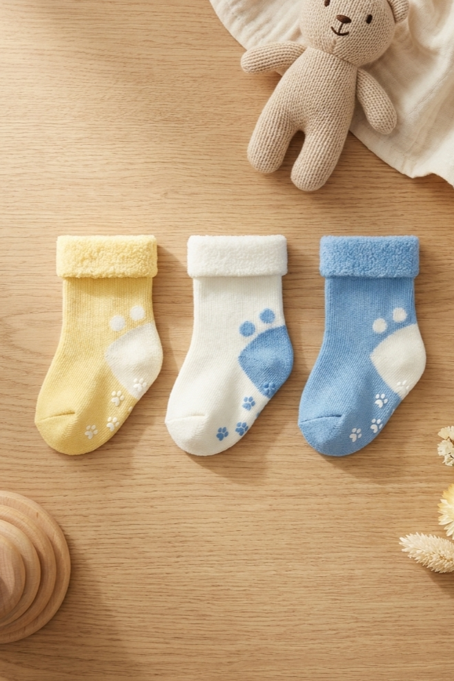 Baby 3-Piece Towel Sock Set Blue-White-Yellow