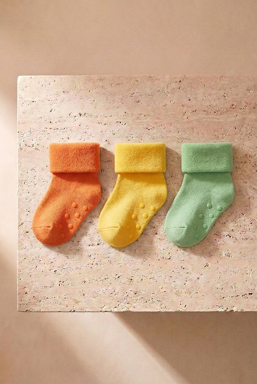Baby 3-Pack Towel Socket Socks Yellow-Mint-Orange