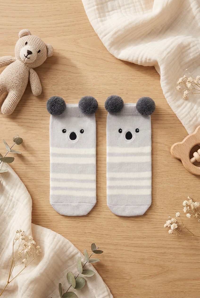 Bebek Ponpon Aksesuarlı Sevimli Koala Desenli Soket Çorap Gri