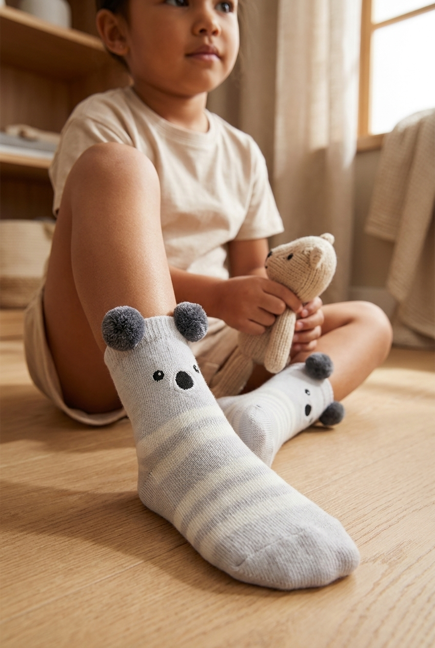 Bebek Ponpon Aksesuarlı Sevimli Koala Desenli Soket Çorap Gri