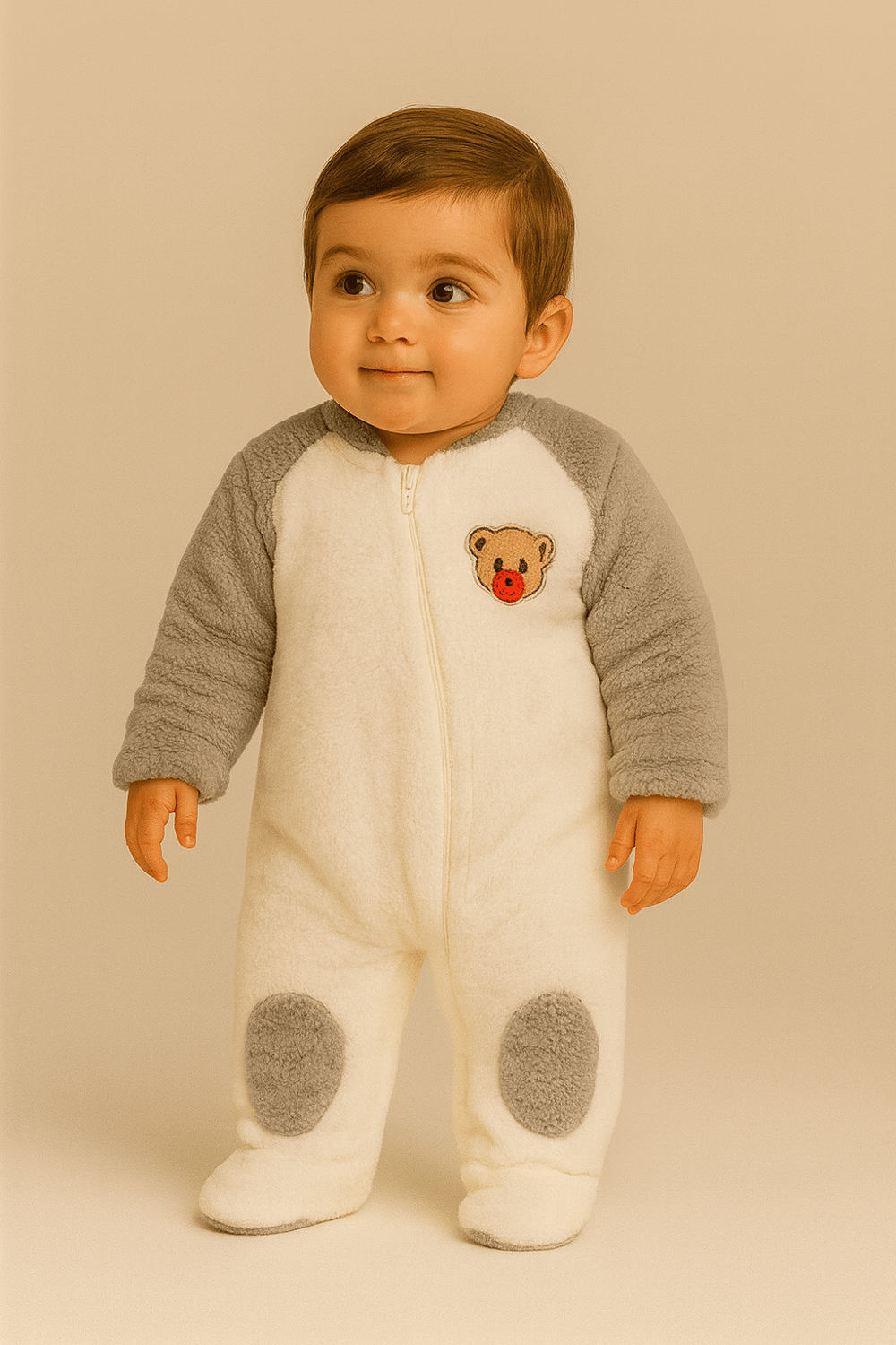 Bebek Teddy Desenli Kapüşonlu Peluş Tulum Gri