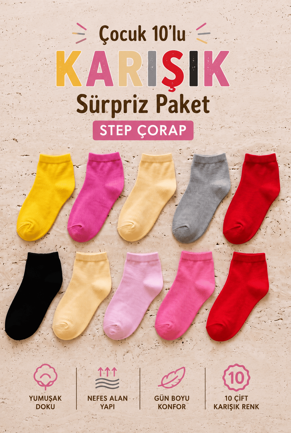 Çocuk 10lu Karışık Sürpriz Paket Step Çorap 