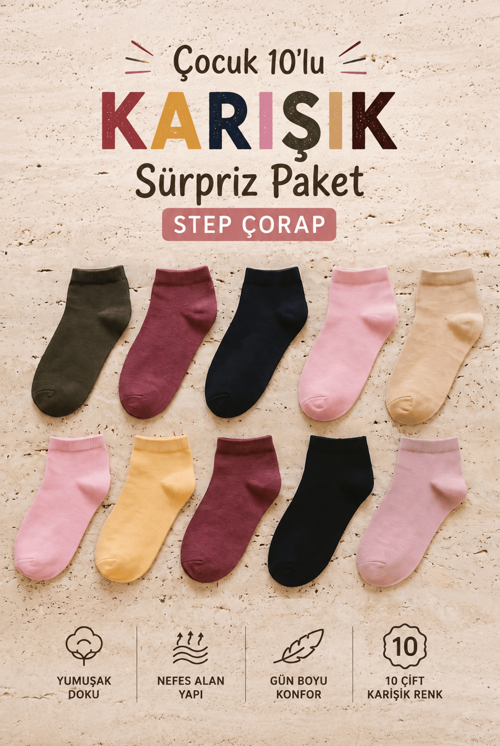 Çocuk 10lu Karışık Sürpriz Paket Step Çorap 