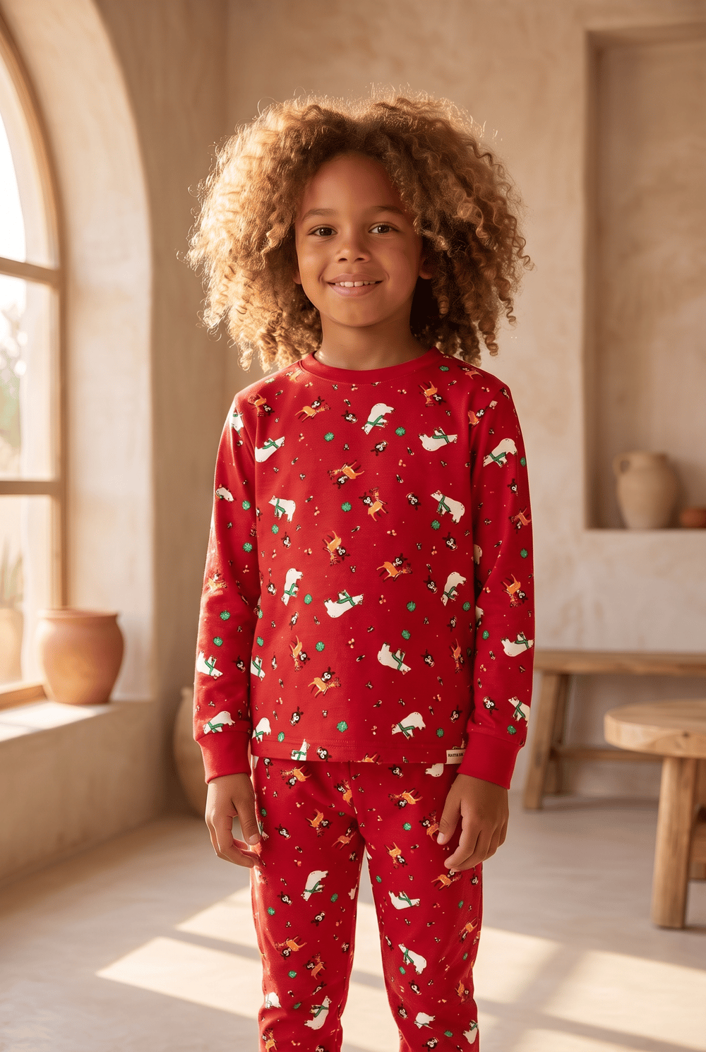 Çocuk Dear Santa Geyik Desenli Pijama Takımı Kırmızı