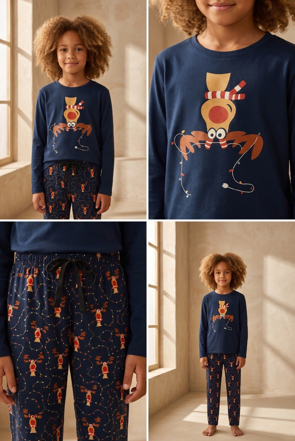 Çocuk Geyik Desenli Kutulu Yılbaşı  Pijama Takımı Lacivert