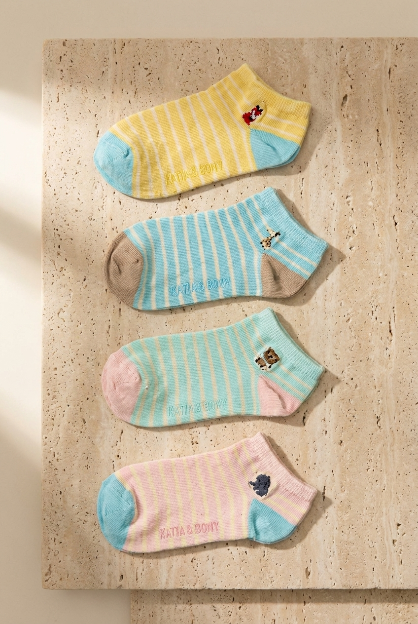 Çocuk Hayvan Desenli 4lü Paket  Step Çorap Çok Renkli