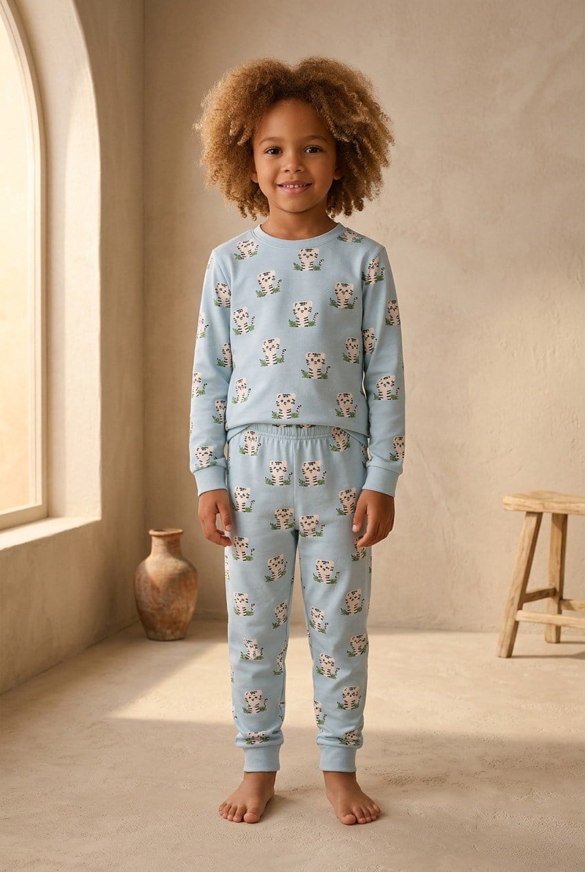 Çocuk Hayvan Desenli Pijama Takımı Mavi