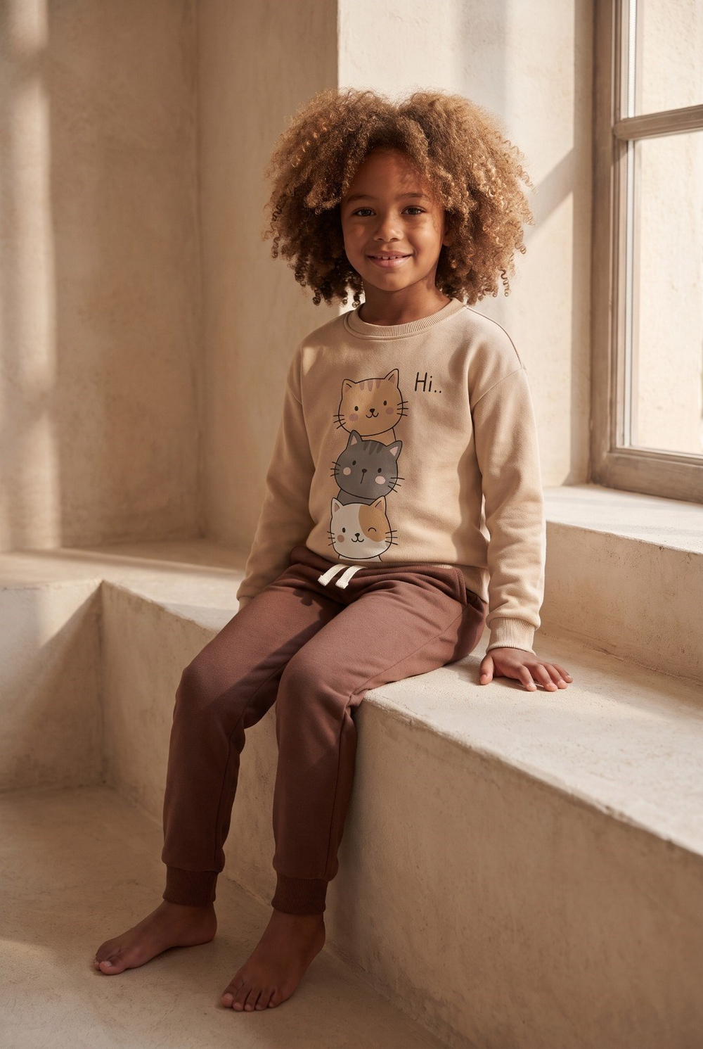Childrens Cat Printed Tracksuit Set Beige