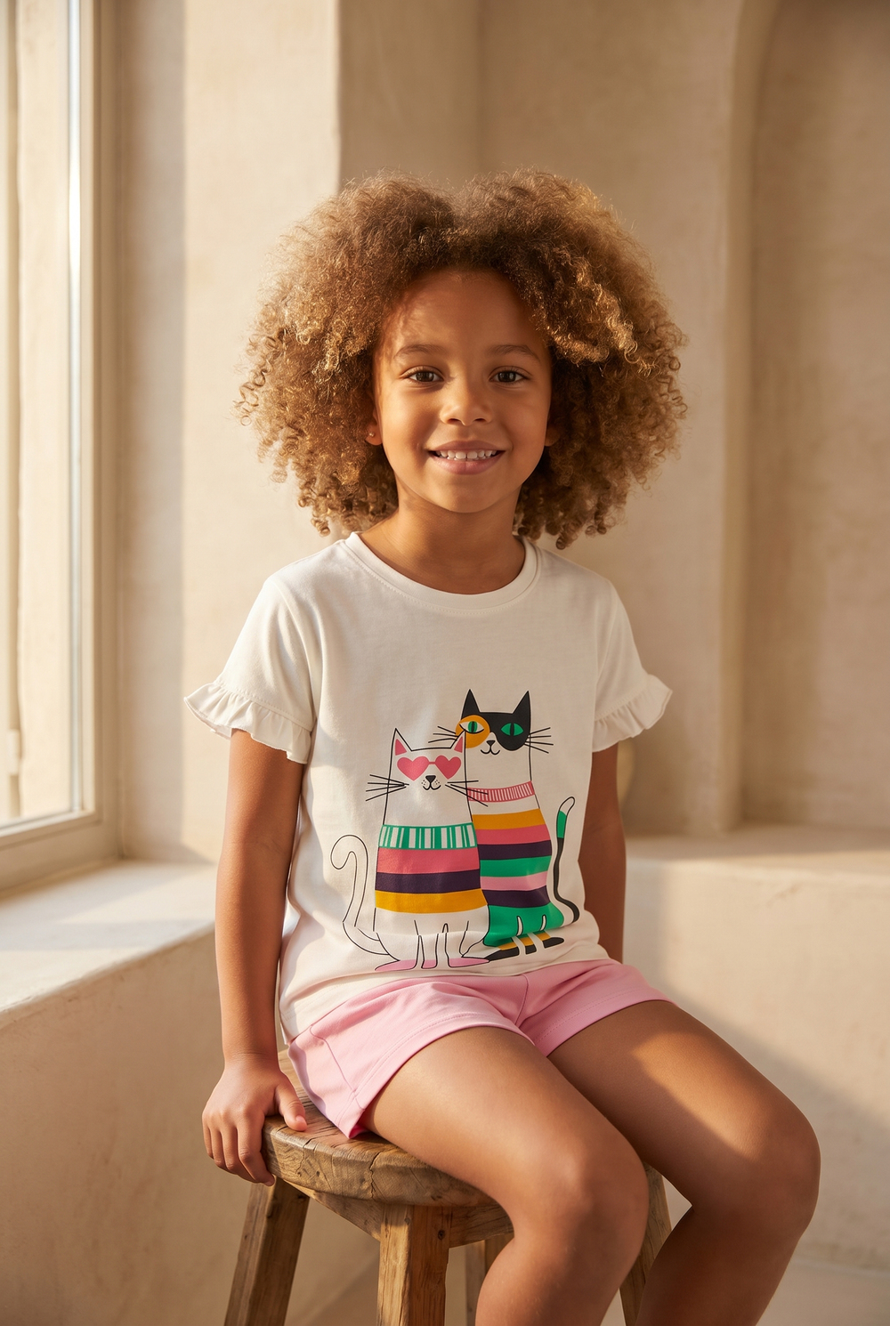 Çocuk Kedi Desenli Şortlu Pijama Takımı