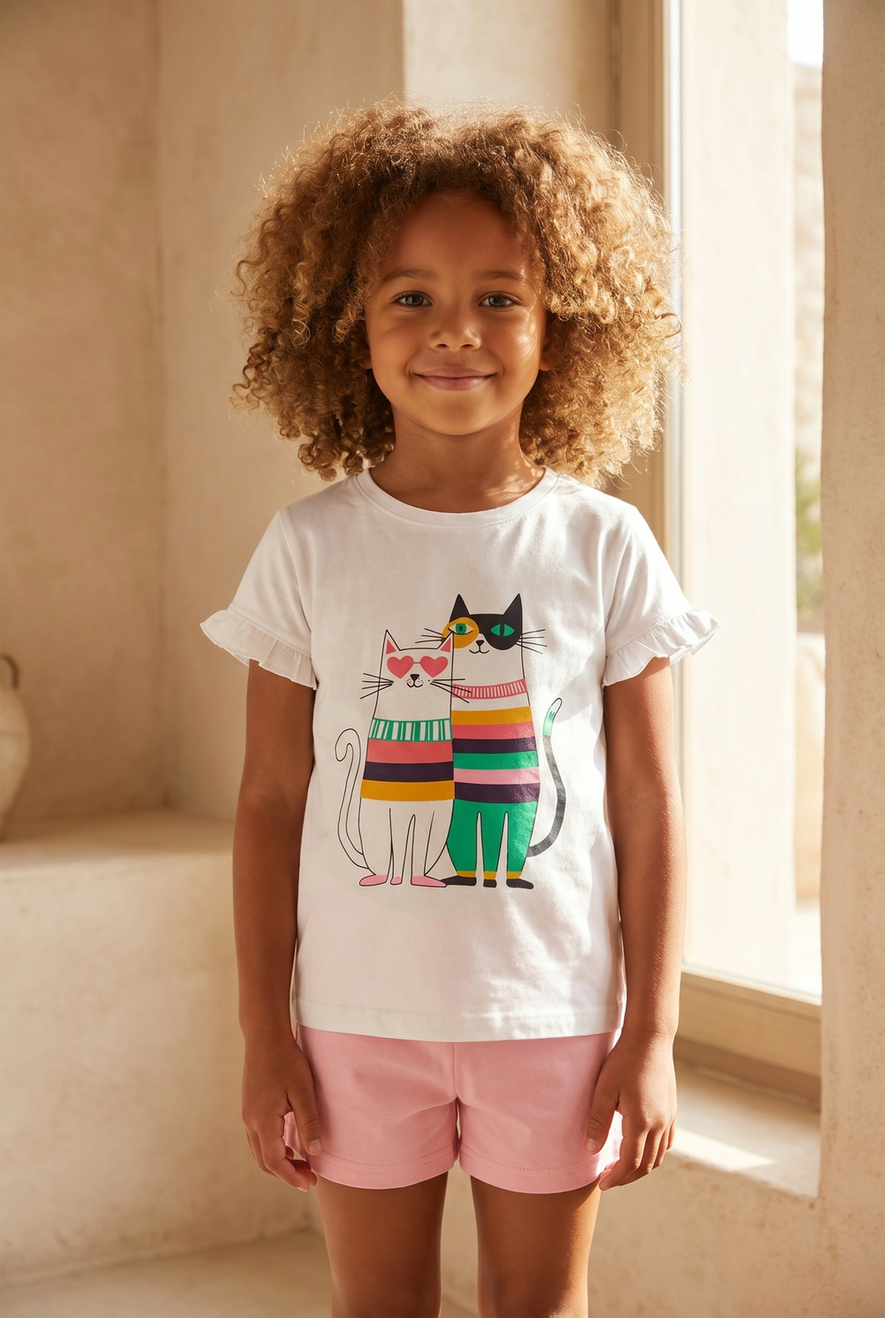 Çocuk Kedi Desenli Şortlu Pijama Takımı