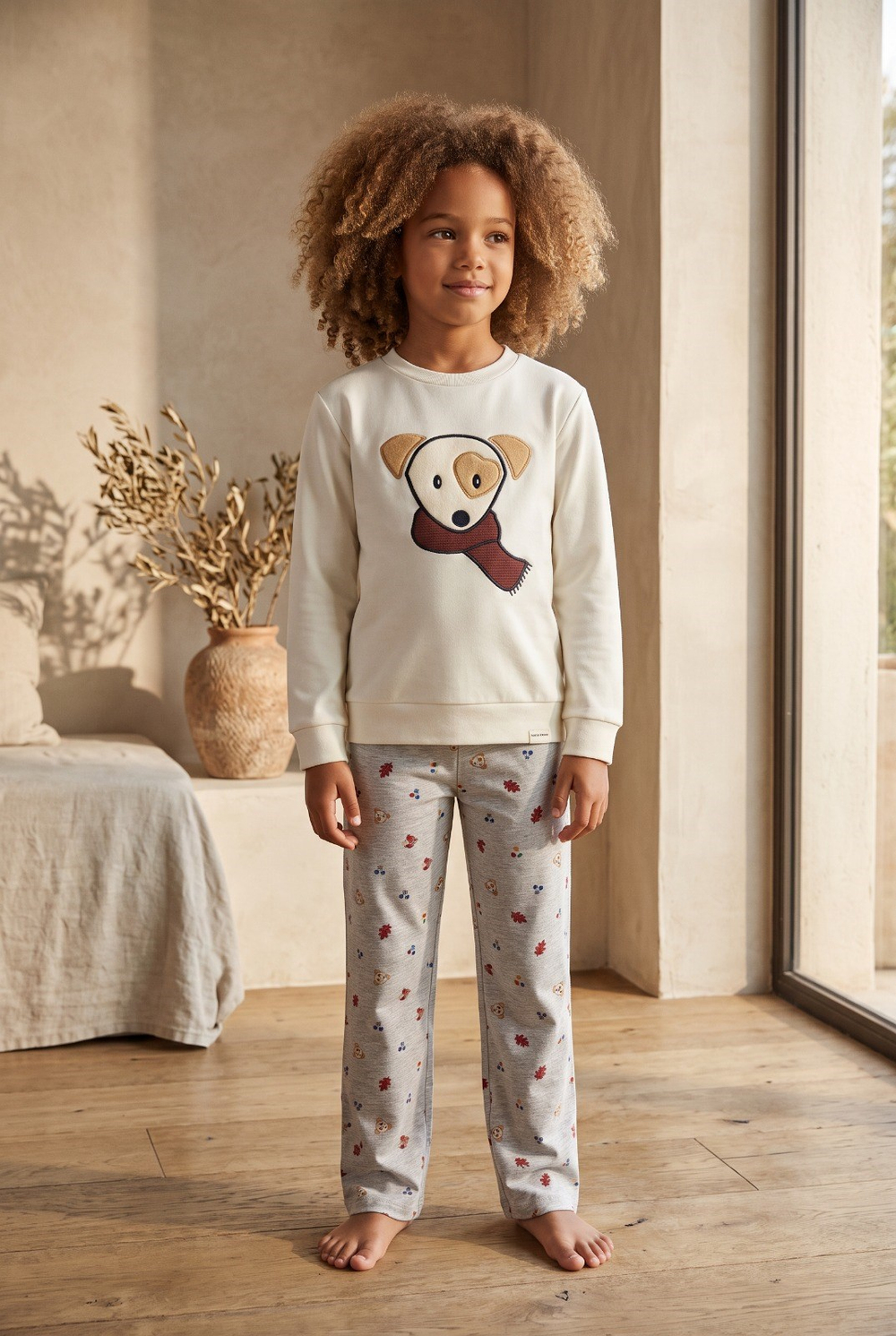 Çocuk Lovely Winter Köpekli Ekru Pijama Takımı