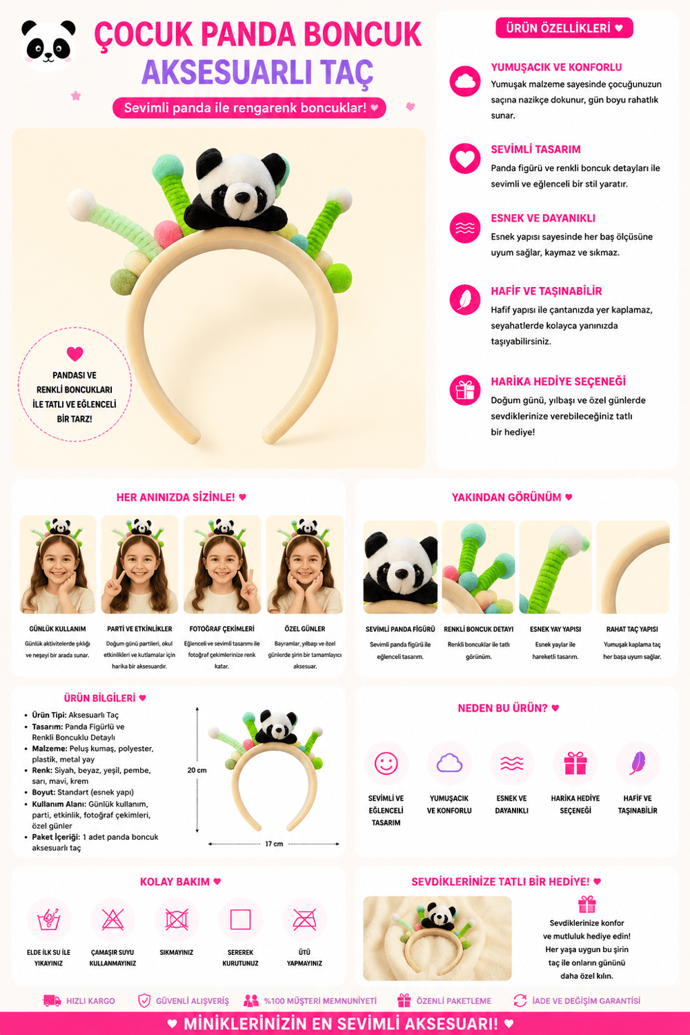 Çocuk Panda Boncuk Aksesuarlı Taç