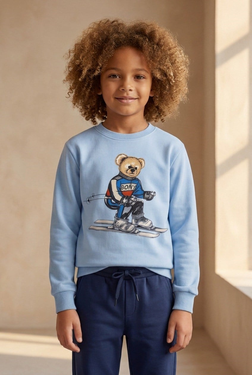 Çocuk Snowboard Teddy Desenli Eşofman Takımı Mavi