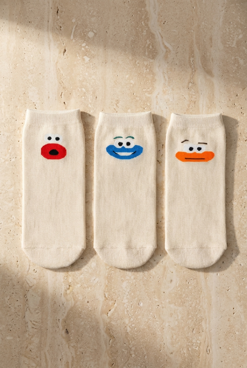 Kids Face Printed 3-Pack Ankle Socks