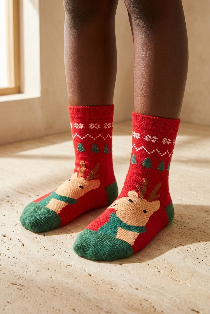 Childrens Christmas Patterned Ankle Socks Red-Green
