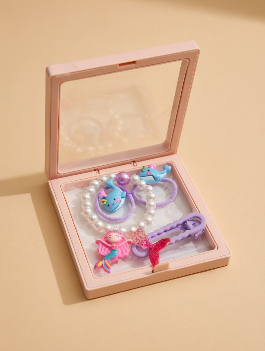 Deniz Kızı Figürlü Plastik Kutulu Toka Seti Açık Pembe