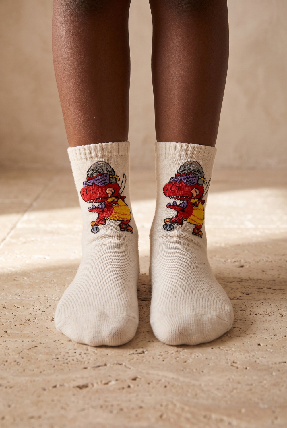 Dinosaur Patterned Ecru Childrens Socks