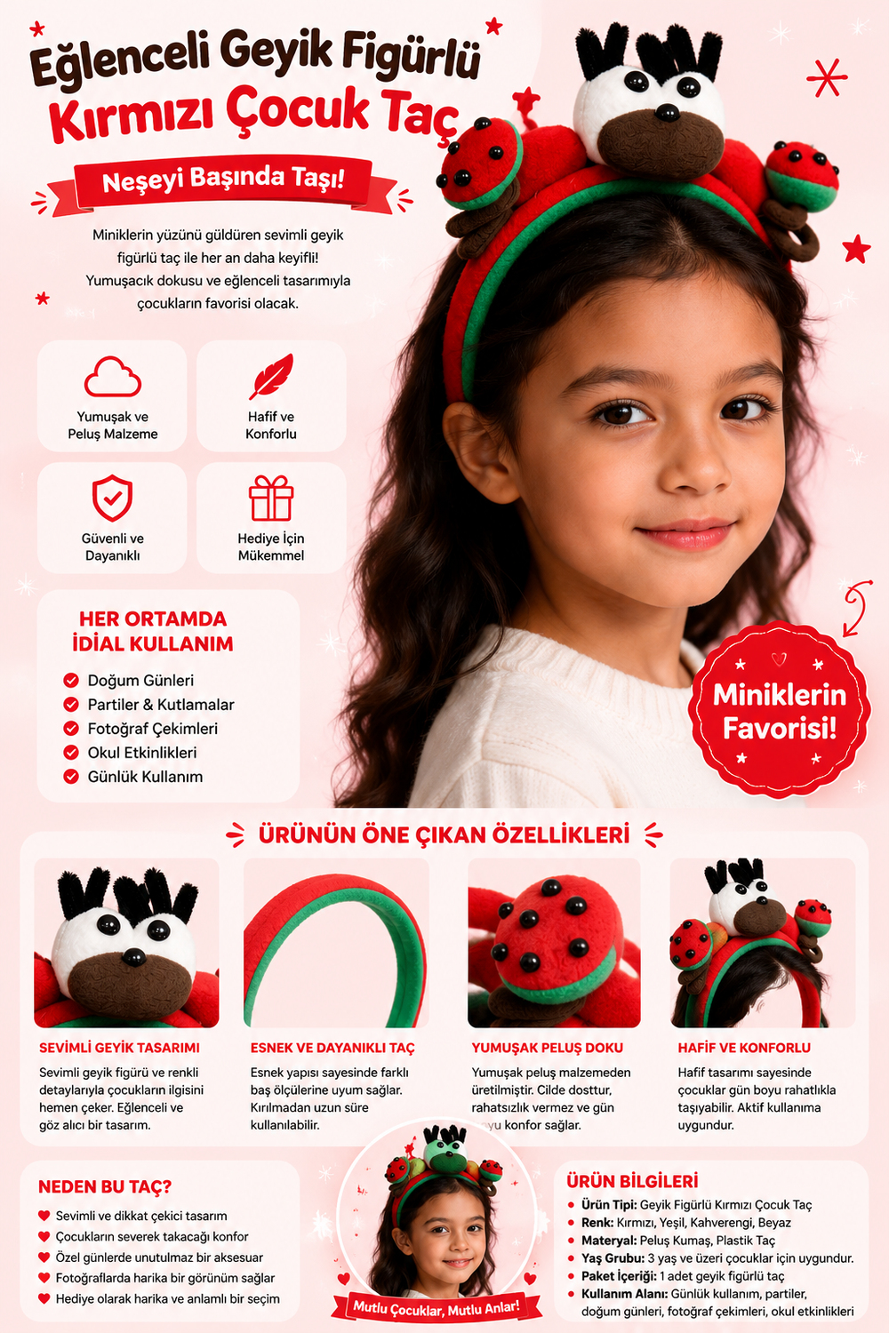 Eğlenceli Geyik Figürlü Kırmızı Çocuk Taç