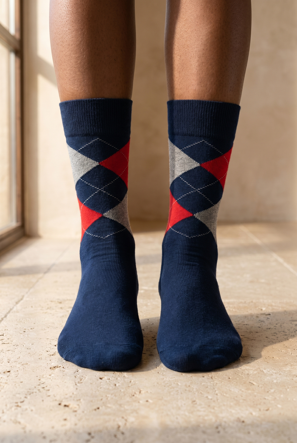 Plaid Patterned Cotton Womens Socks Navy Blue