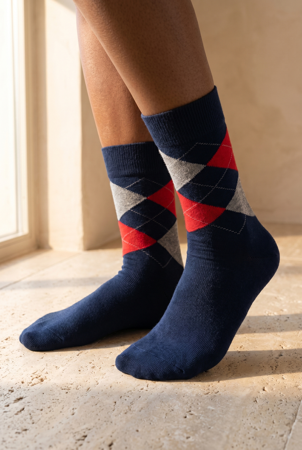 Plaid Patterned Cotton Womens Socks Navy Blue