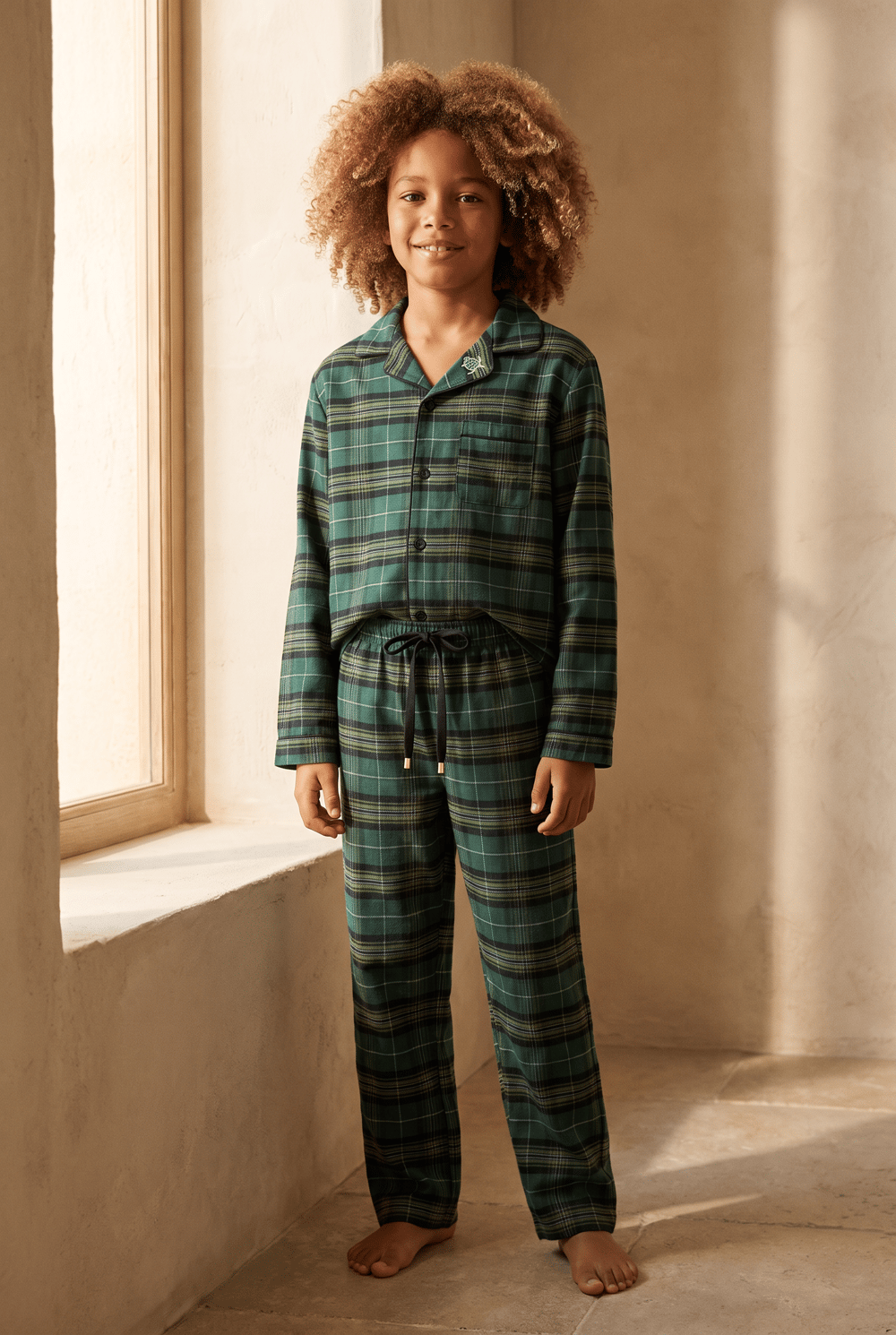 Erkek Çocuk Dear Santa Ekoseli Kaplumbağa Nakışlı Pijama Takımı Yeşil