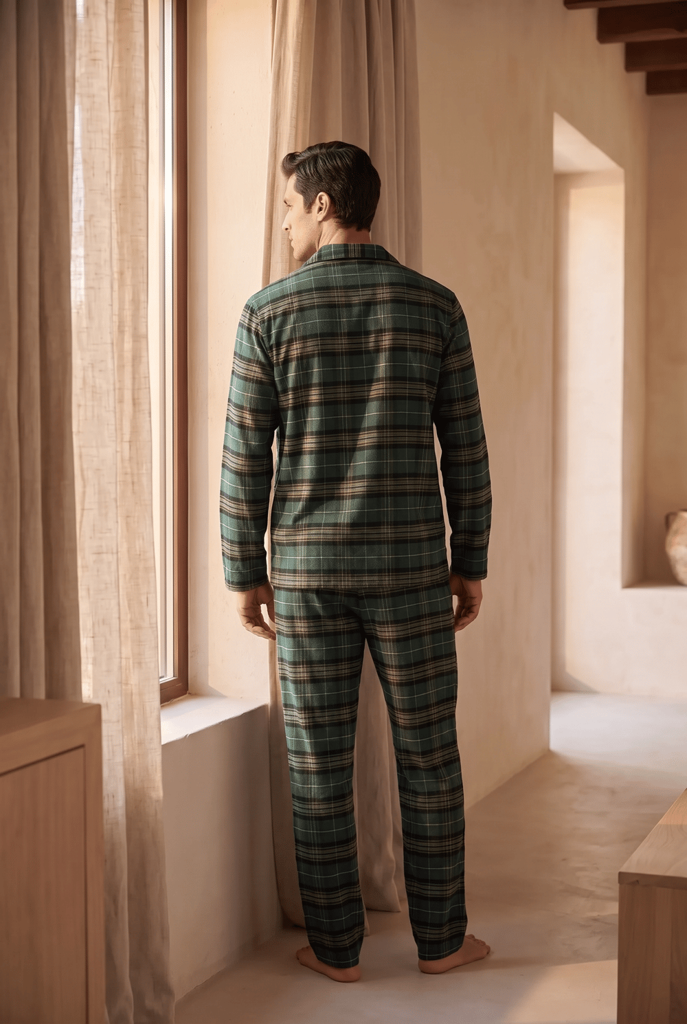 Erkek Dear Santa Ekoseli Kaplumbağa Nakışlı Pijama Takımı Yeşil