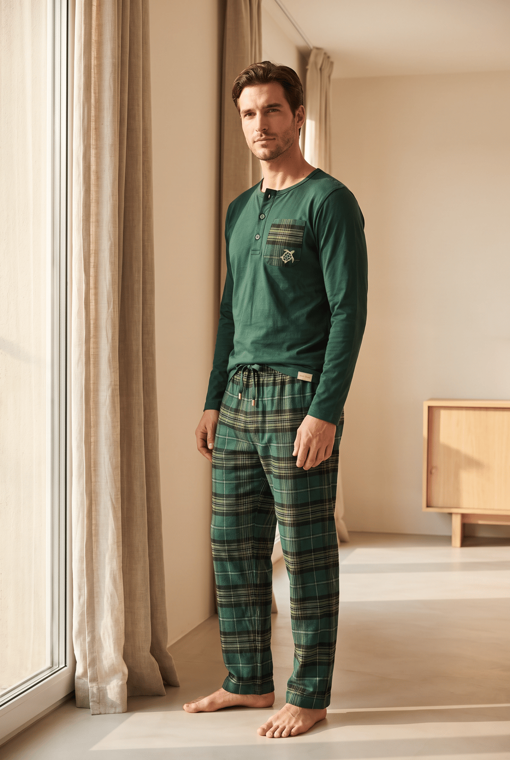 Erkek Dear Santa Kaplumbağa Nakışlı Ekoseli Pijama Takımı Yeşil