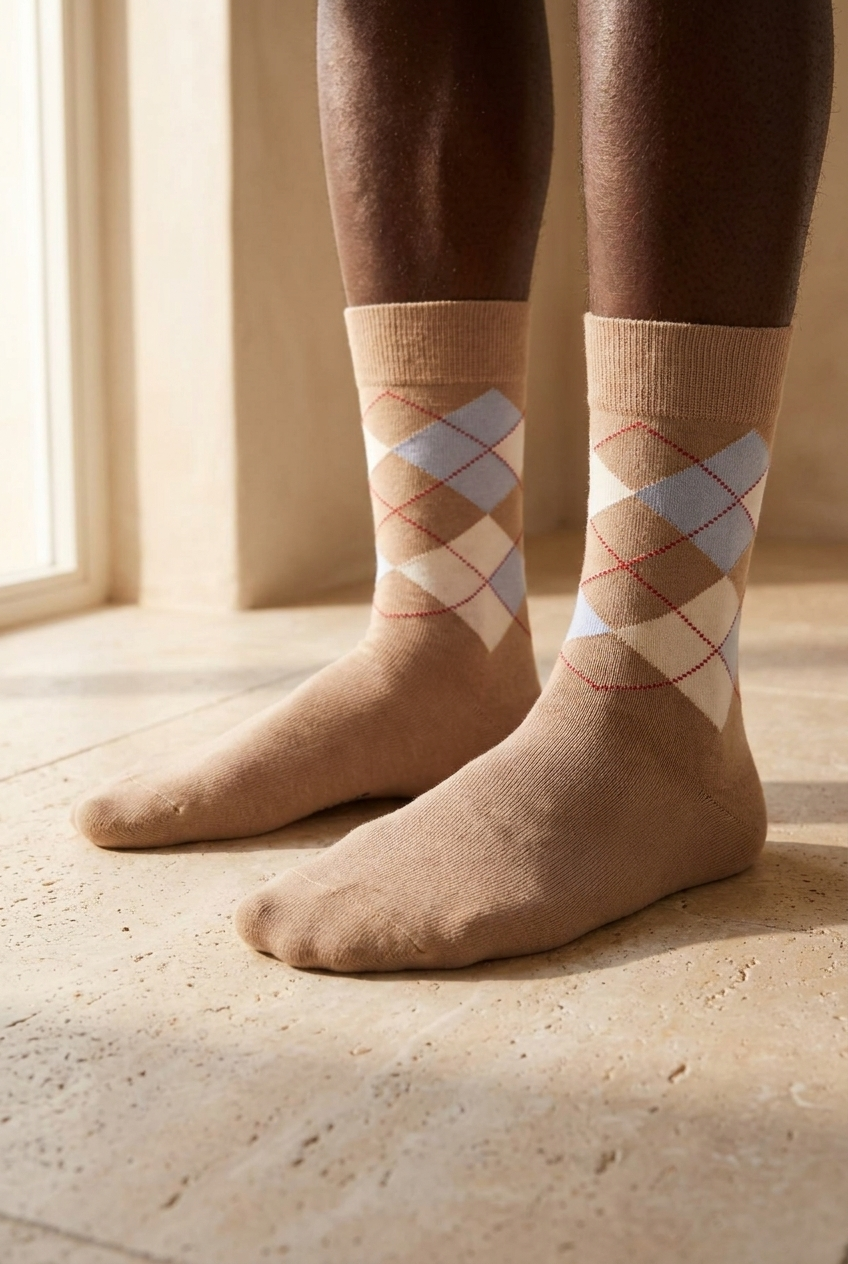 Mens Checkered Pattern Sock Beige