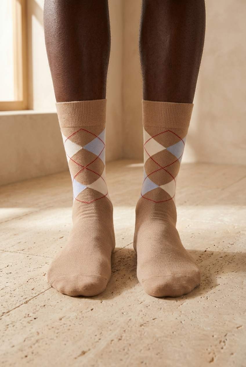 Mens Checkered Pattern Sock Beige