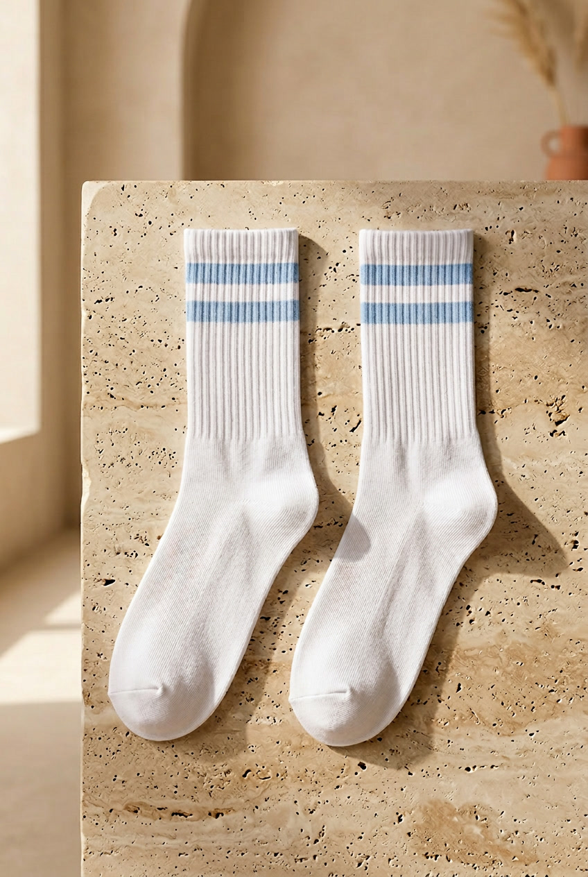 Mens Towel Sole Striped Short Sock Socks White/Blue