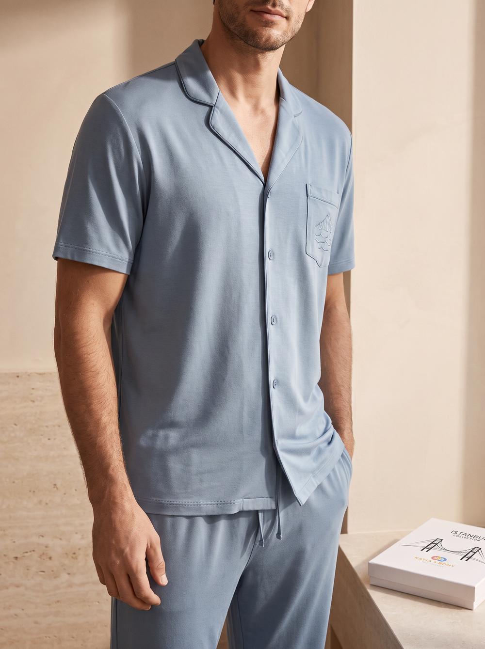 Mens Istanbul Series Bosphorus Bridge Patterned Premium Boxed Pajama Set Blue