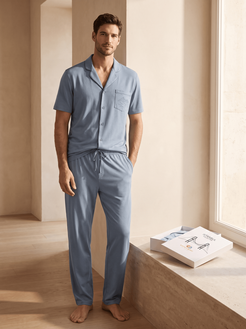 Mens Istanbul Series Bosphorus Bridge Patterned Premium Boxed Pajama Set Blue