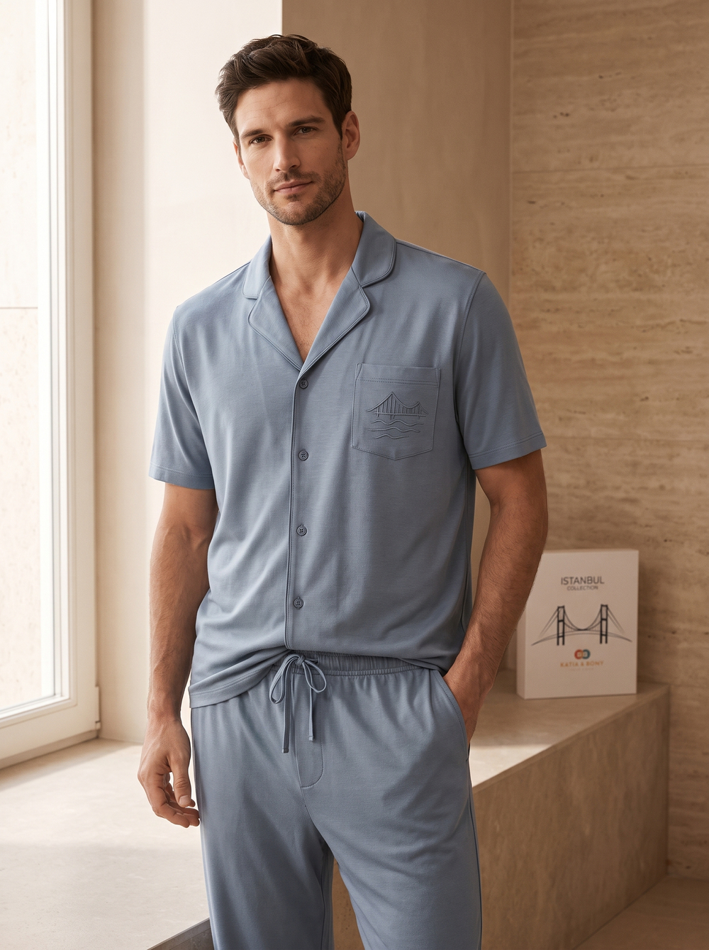 Mens Istanbul Series Bosphorus Bridge Patterned Premium Boxed Pajama Set Blue