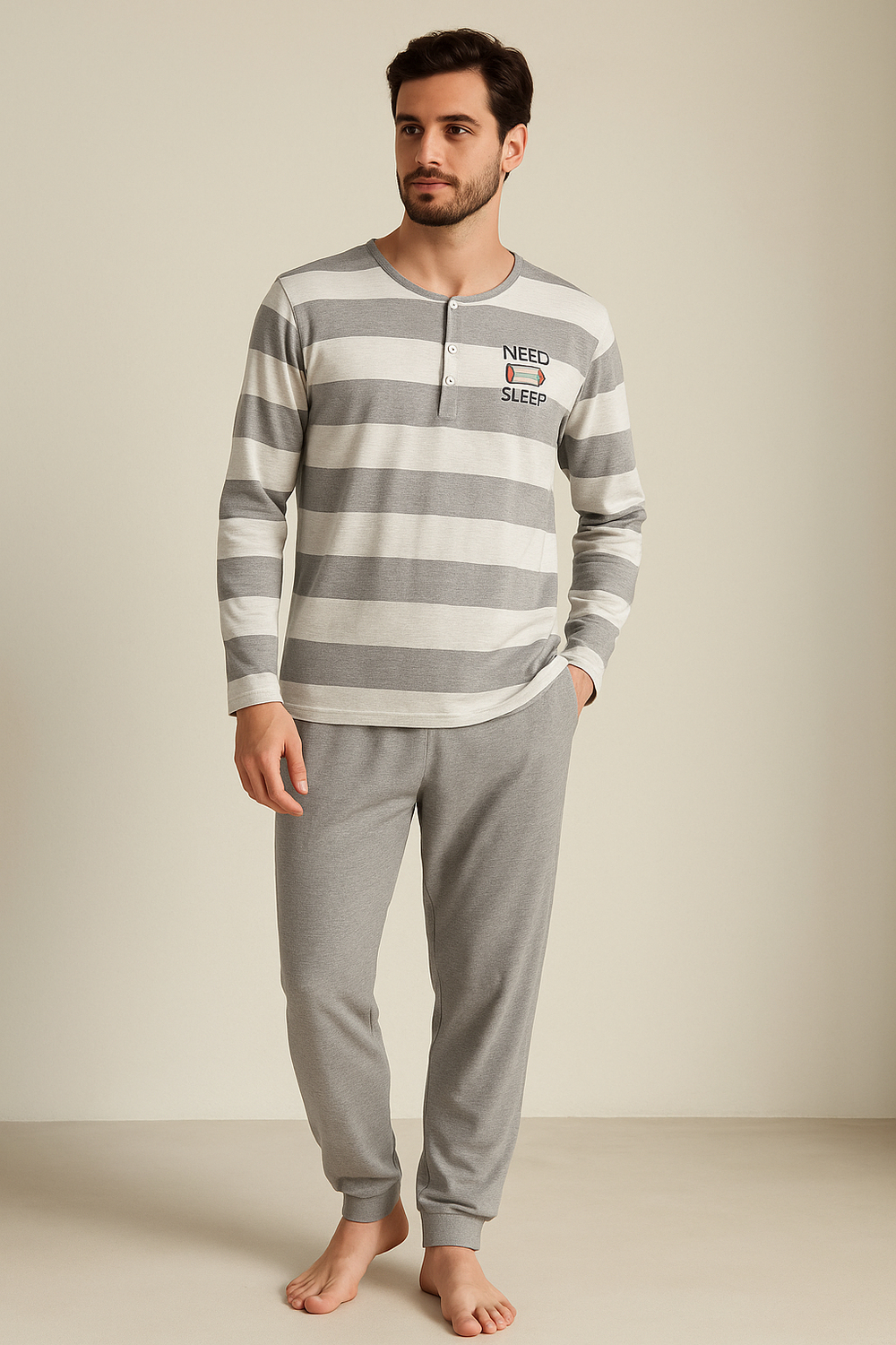 Erkek Kalın Çizgili Pijama Takımı Gri 