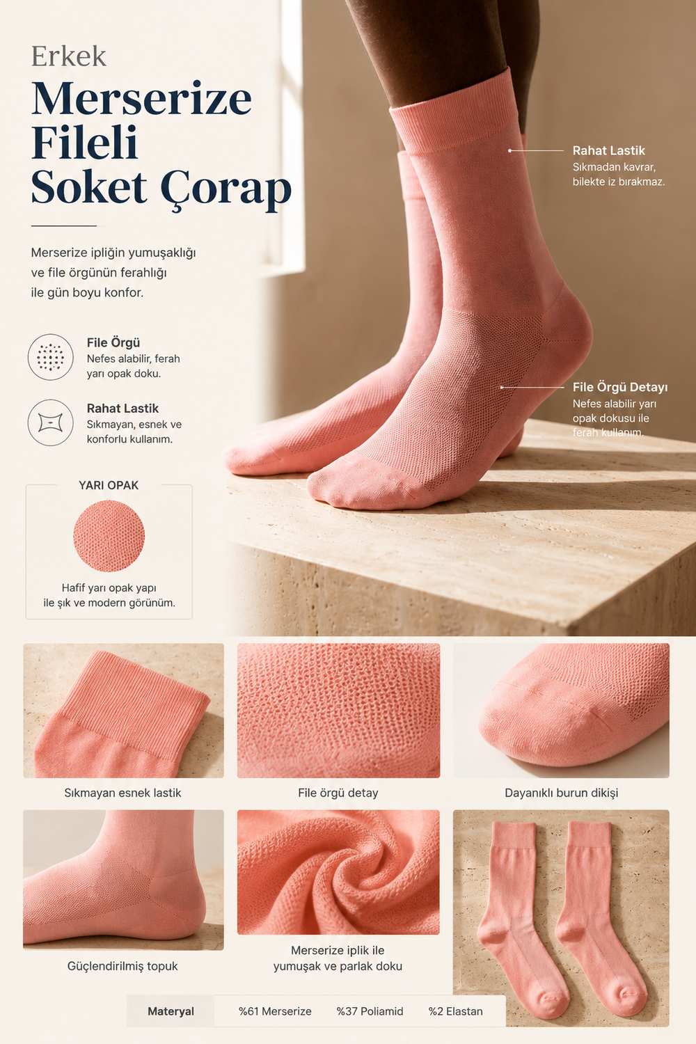 Mens Mercery Knit Socket Socks Pink Melange