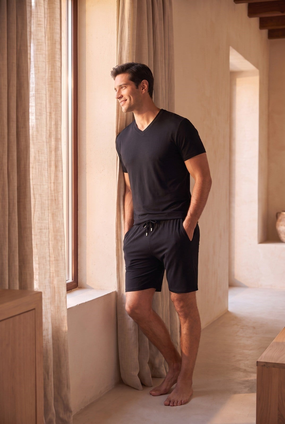 Mens Black Colored Tie Waist Shorts