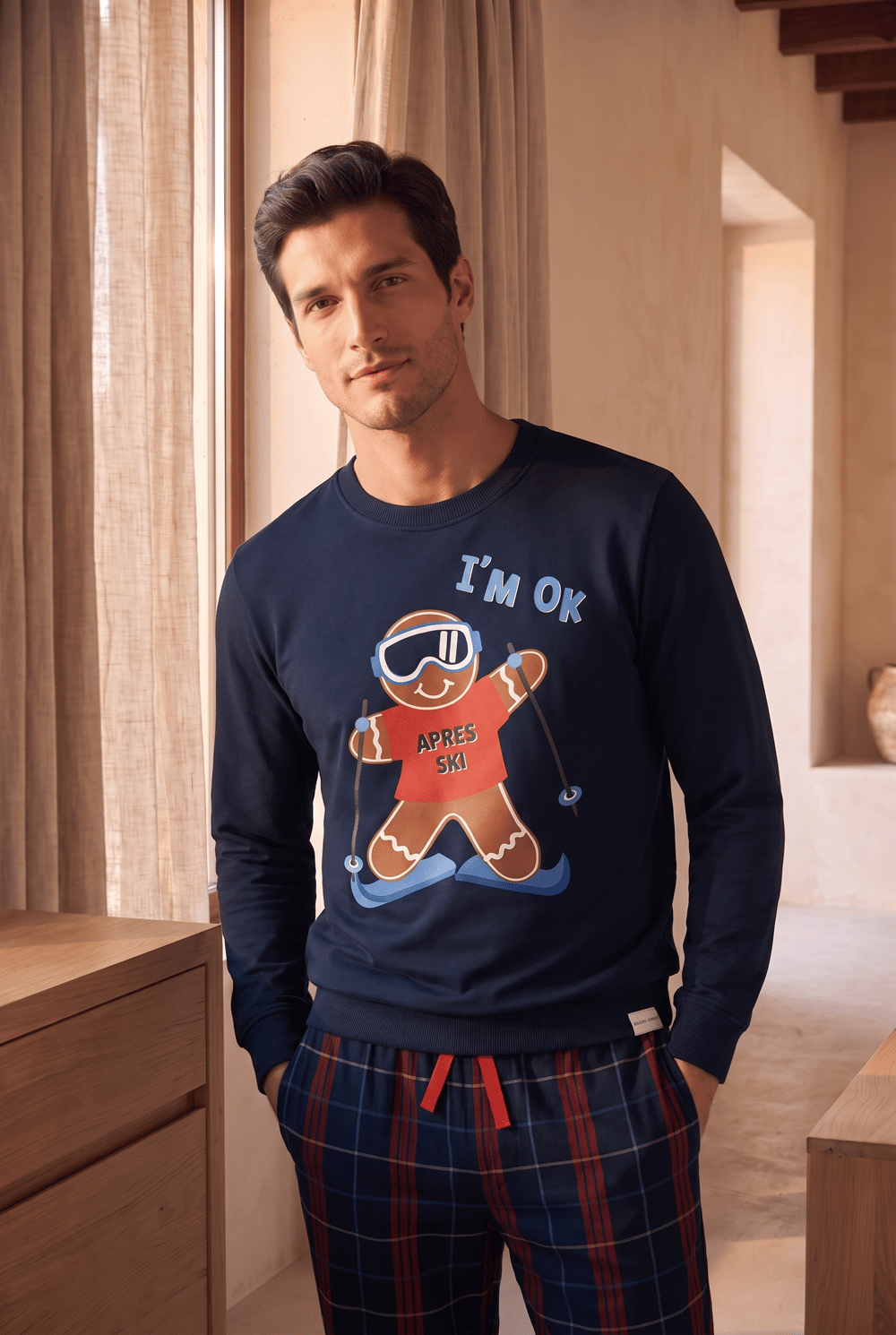 Erkek Snowboard Desenli Sweatshirt Pijama Üstü Lacivert