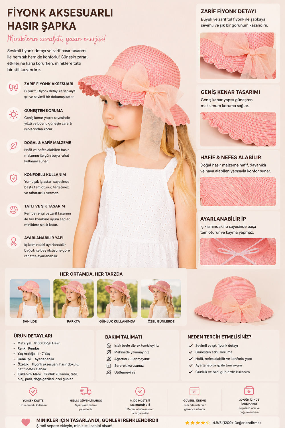 12505B5001 FİYONK AKSESUARLI BEBEK HASIR ŞAPKA Pembe