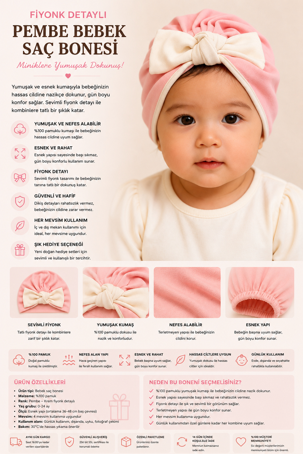 Fiyonk Detaylı Pembe Bebek Saç Bonesi